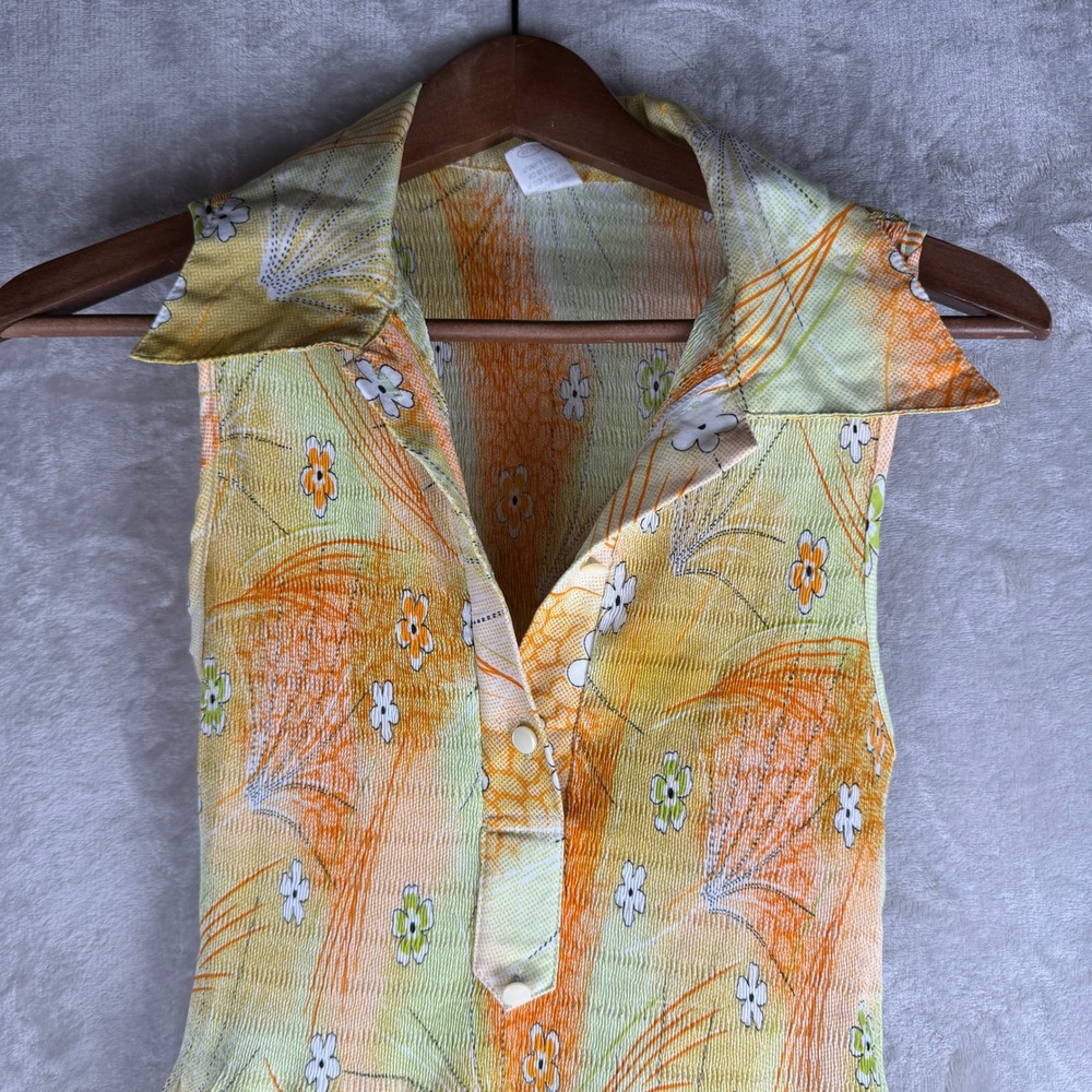 Boho  soft girl Vintage 70s Floral Plisse Sleeveless Midi Dress‎ Orange Yellow - Picture 2 of 11
